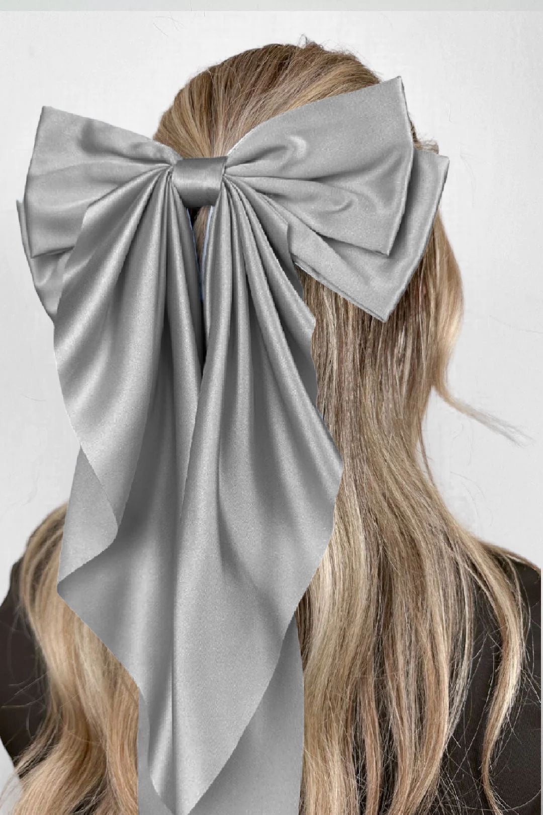 Grey Satin Long Double Hair Bow