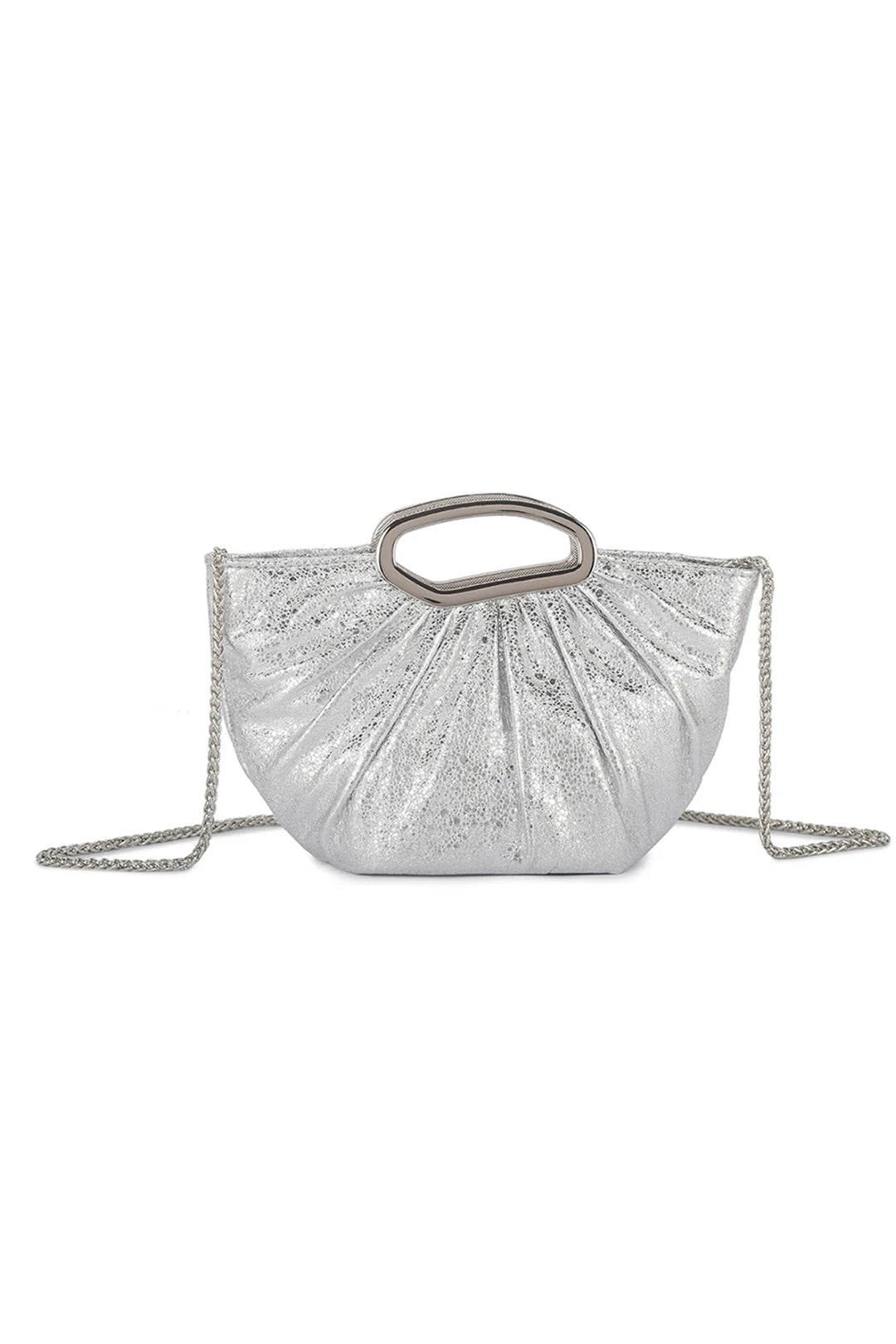 Silver Metal Handle Ruched Half Moon Grab Bag