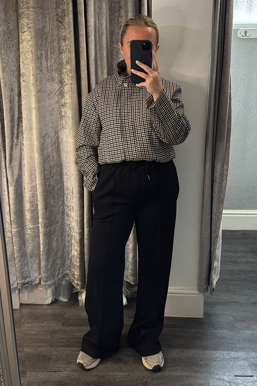 Black Checked Funnel Neck Jacket