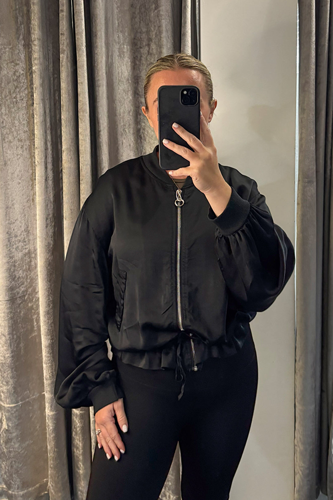 Black Satin Tie Waist Bomber Jacket