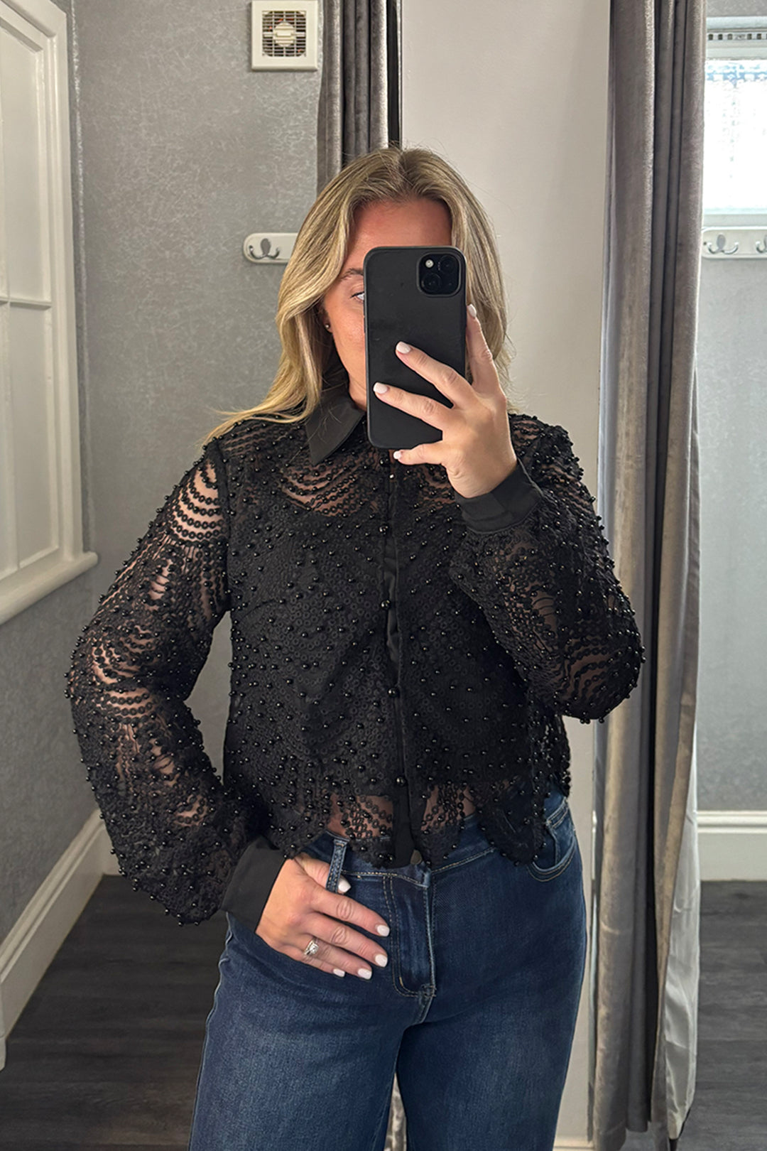 Black Lace & Pearl Scalloped Shirt