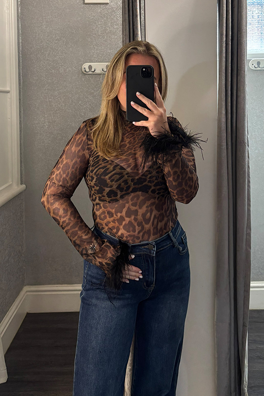 Leopard Print Sheer Fur Cuff Bodysuit