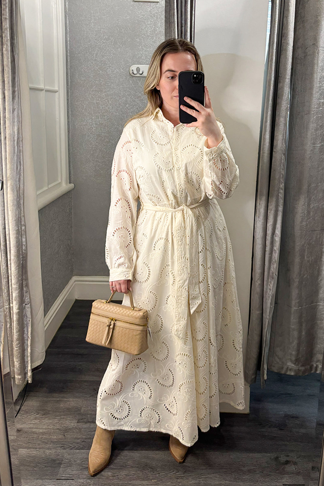 Cream Broderie Anglaise Belted Midi Dress