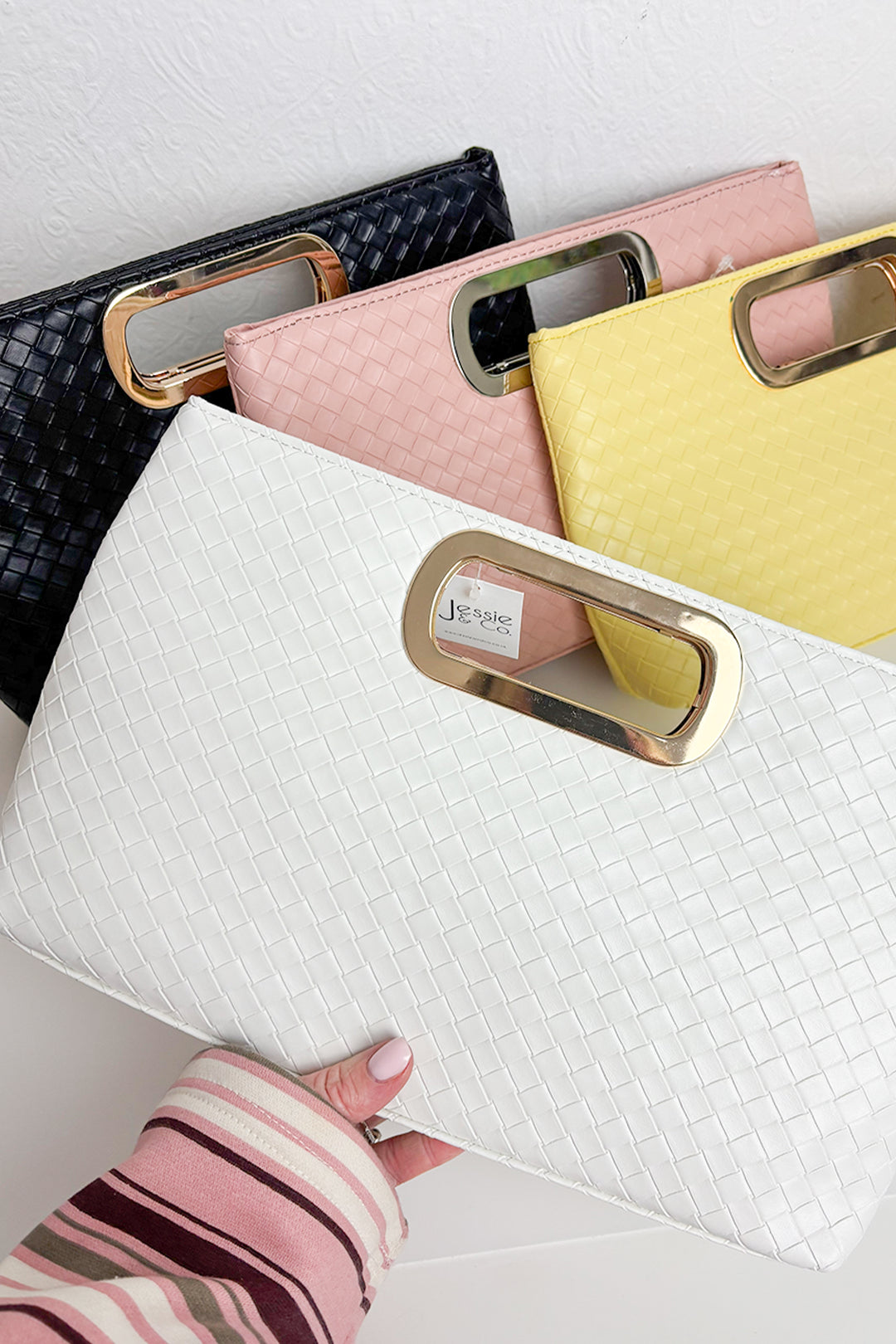 White Woven Rectangle Grab Handle Clutch