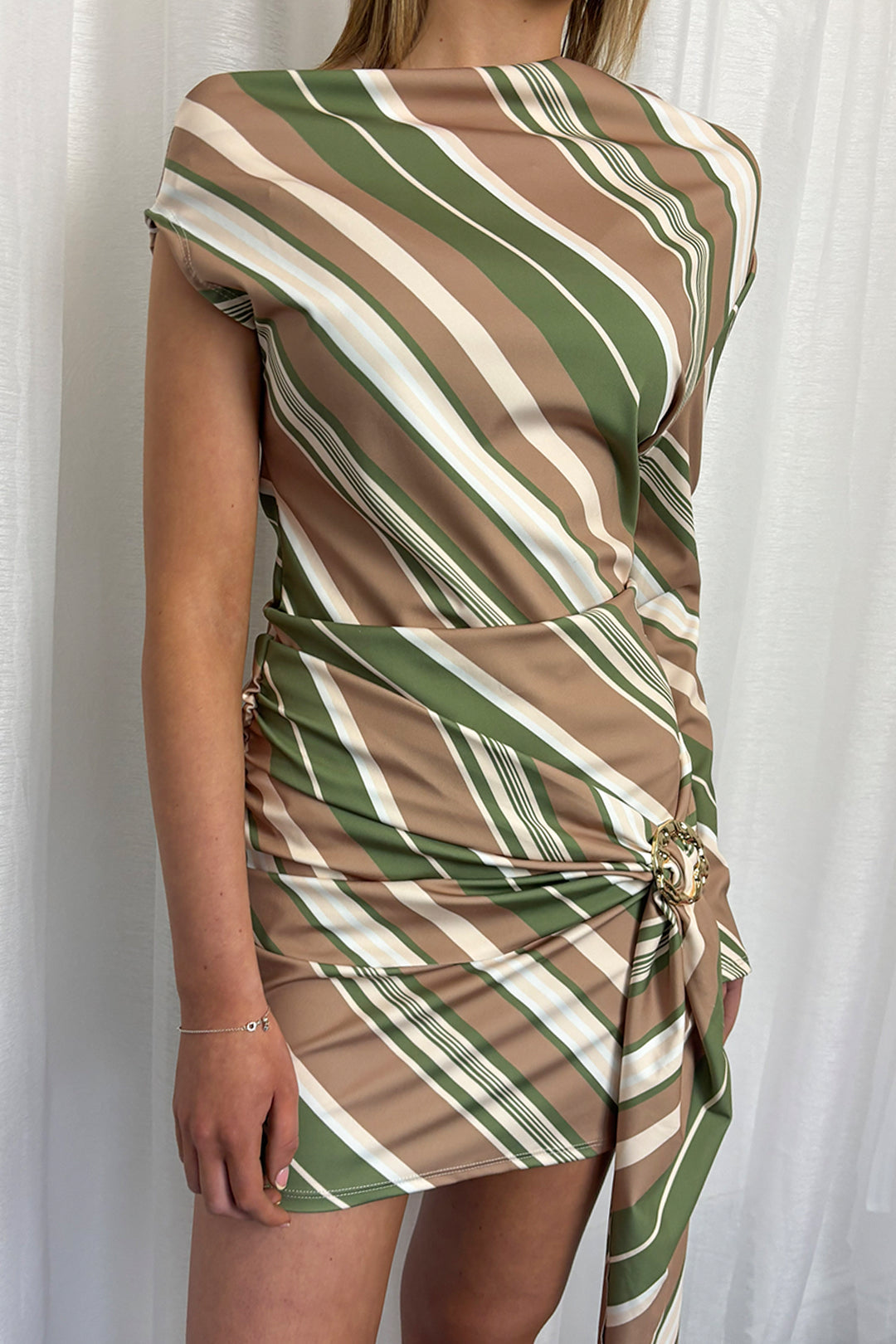 Khaki & Taupe Striped One Shoulder Drape Dress
