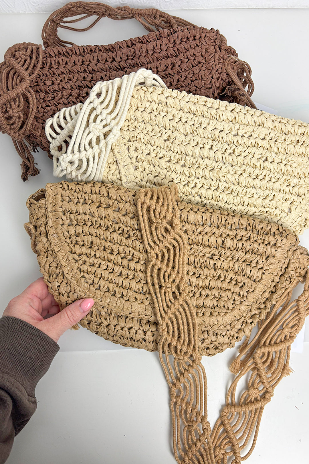 Brown Crochet Strap Cross Body Straw Bag