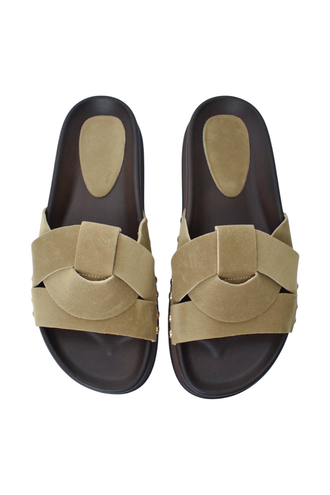 Womens Taupe Faux Suede Twisted Sliders