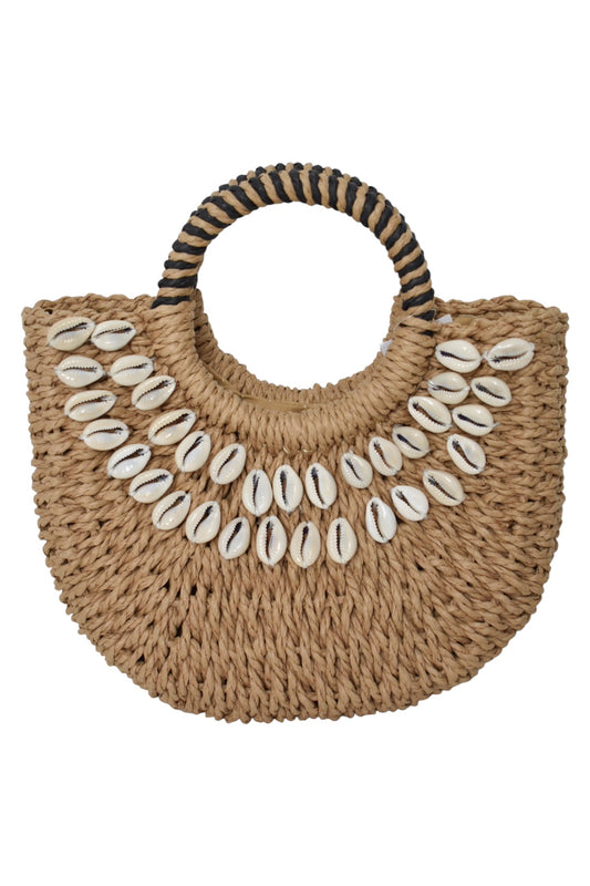 Camel Shell Detail Woven Straw Hoop Bag