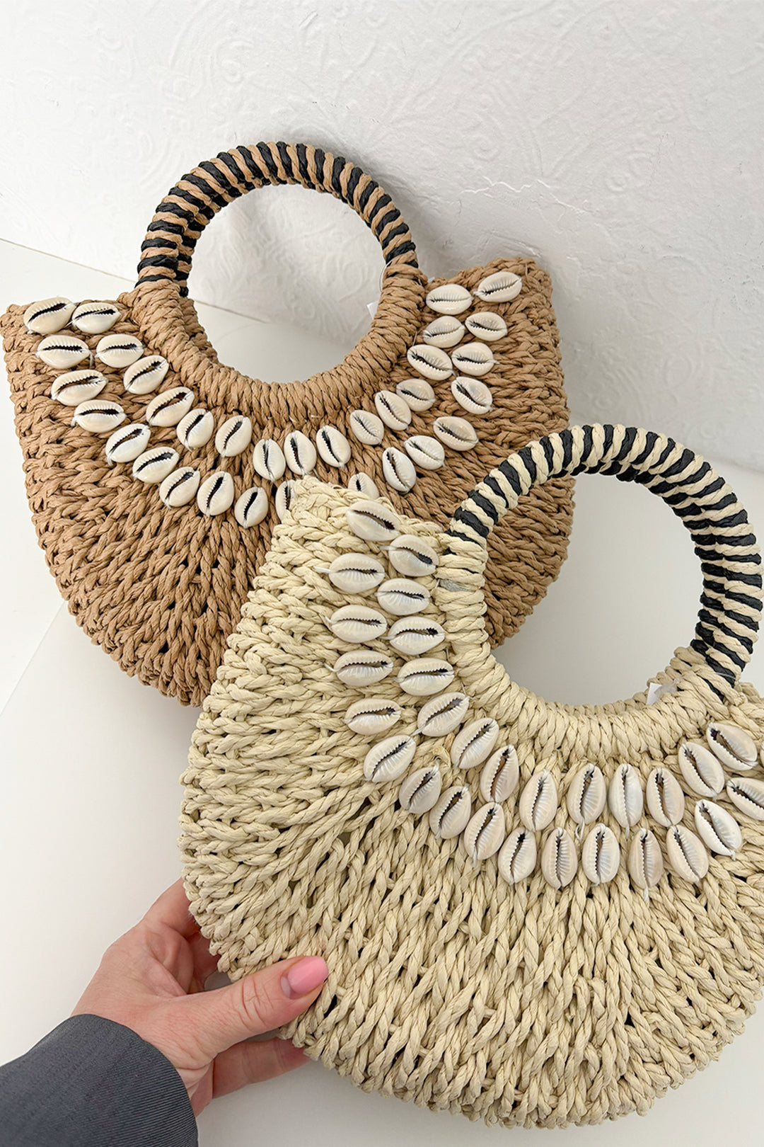 Camel Shell Detail Woven Straw Hoop Bag