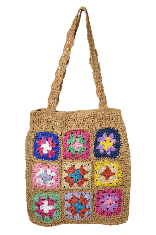 Camel Multi Patch Straw Tote Bag