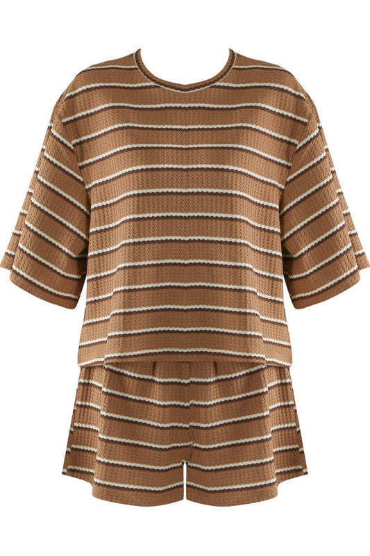 Camel & Cream Striped Shorts Co-ord