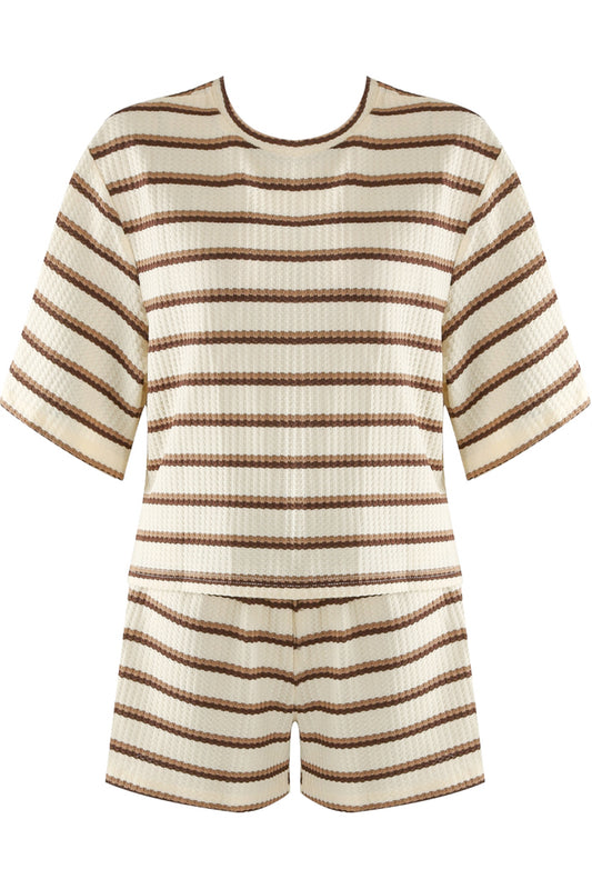 Cream & Brown Striped Shorts Co-ord