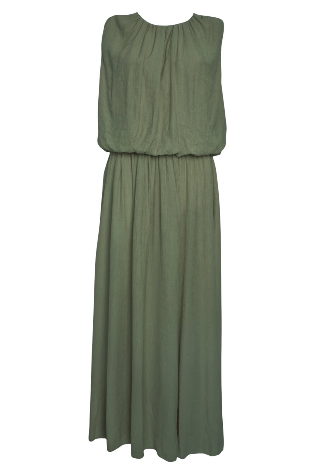 Khaki Crinkle Puffball Sleeveless Maxi Dress