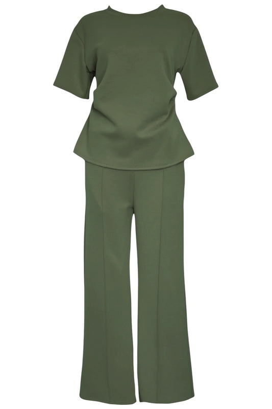 Khaki Ruched Side T-Shirt & Wide Leg Loungesuit