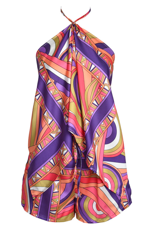 Purple Psychedelic Print Halterneck Shorts Co-ord