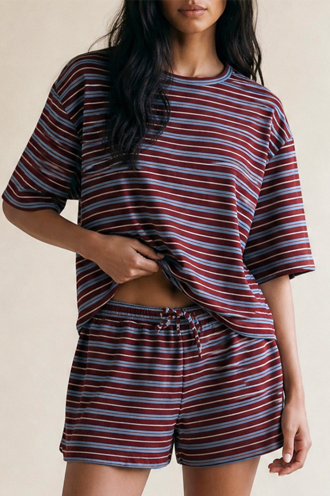 Burgundy & Blue Striped T-Shirt & Shorts Co-ord