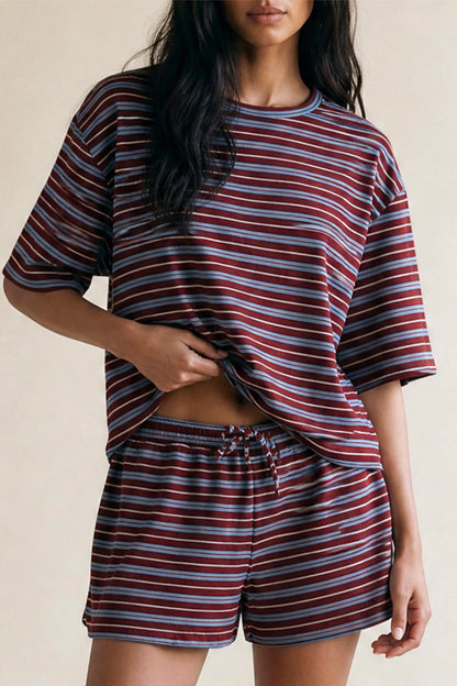 Burgundy & Blue Striped T-Shirt & Shorts Co-ord