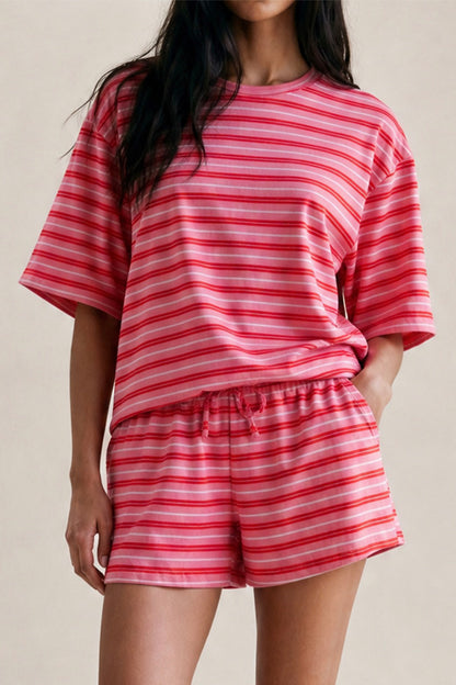 Pink & Red Striped T-Shirt & Shorts Co-ord