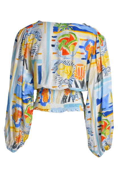 Blue Fruit Print Crossover Blouse
