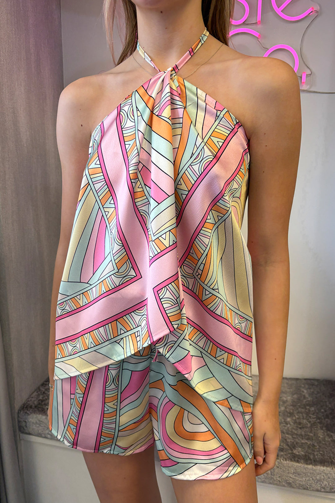Pink Psychedelic Print Halterneck Shorts Co-ord
