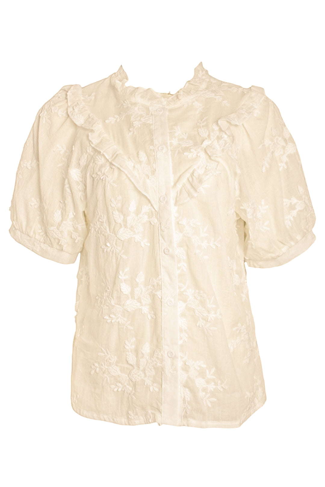 Beige Floral Embroidered Short Sleeve Blouse