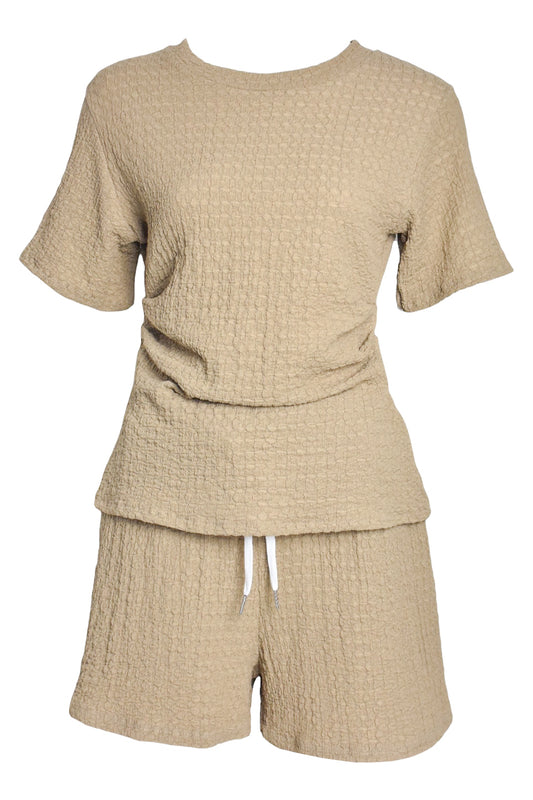 Taupe Crinkle Ruched Side T-Shirt & Shorts Co-ord