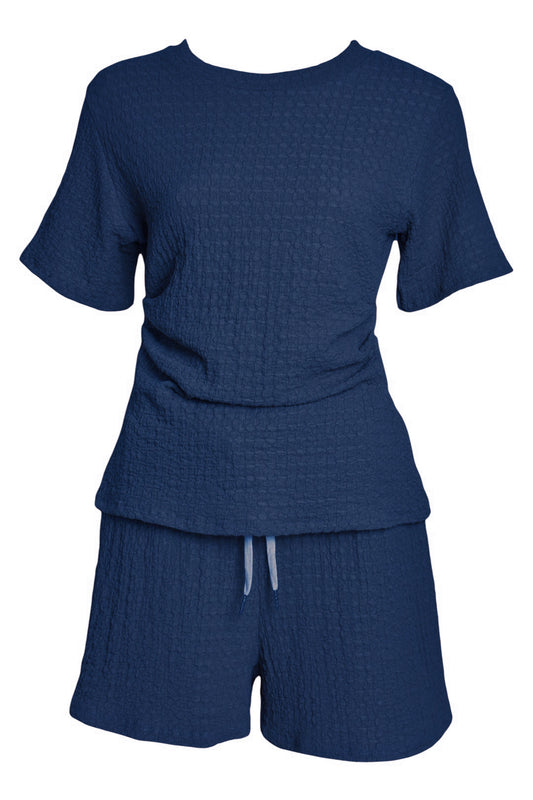 Navy Crinkle Ruched Side T-Shirt & Shorts Co-ord
