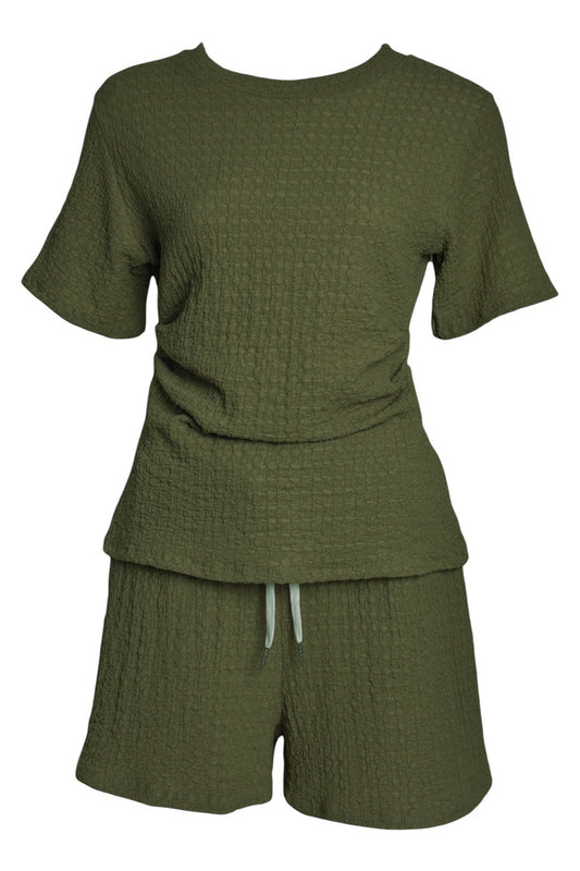 Khaki Crinkle Ruched Side T-Shirt & Shorts Co-ord