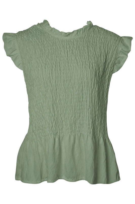 Khaki Shirred Peplum Frill Sleeve Top