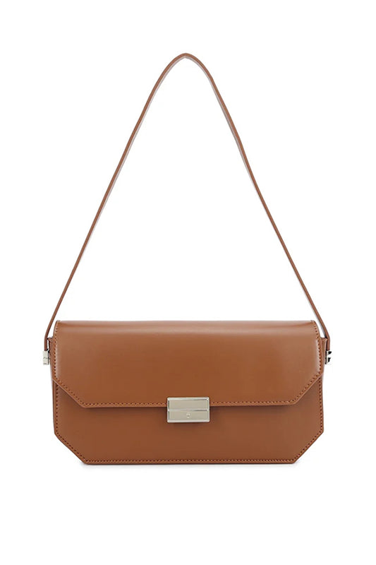 Tan Rectangle Silver Clasp Shoulder Bag