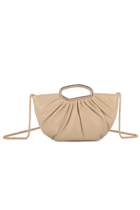 Nude Metal Handle Ruched Half Moon Grab Bag