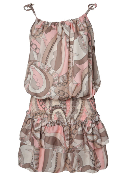 Beige Scarf Chain Print Shirred Waist Dress