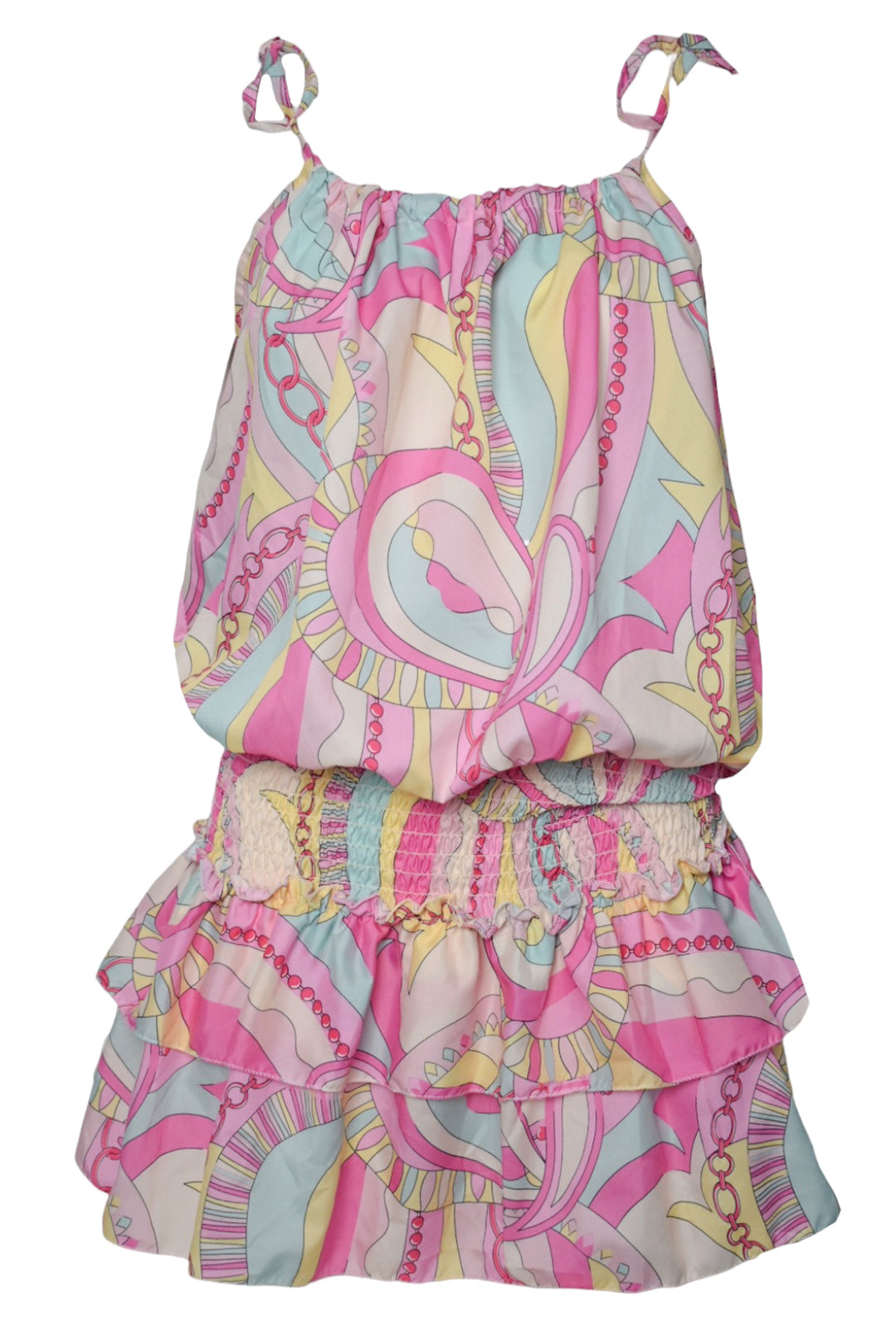Pink Scarf Chain Print Shirred Waist Dress