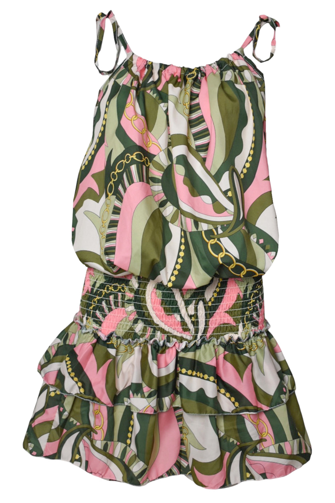 Khaki Scarf Chain Print Shirred Waist Dress