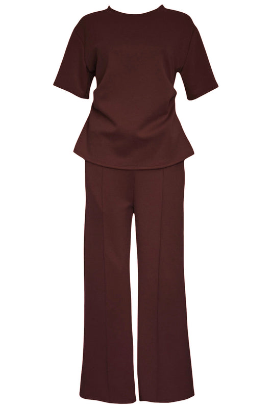 Chestnut Ruched Side T-Shirt & Wide Leg Loungesuit
