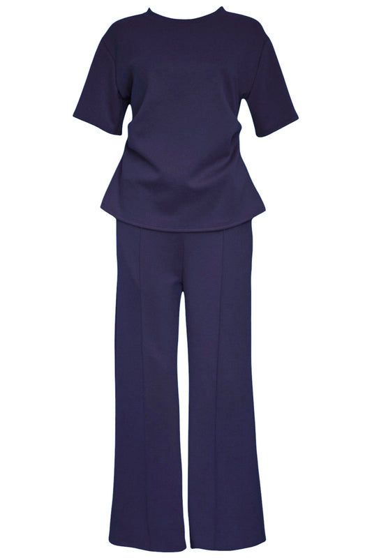 Navy Ruched Side T-Shirt & Wide Leg Loungesuit
