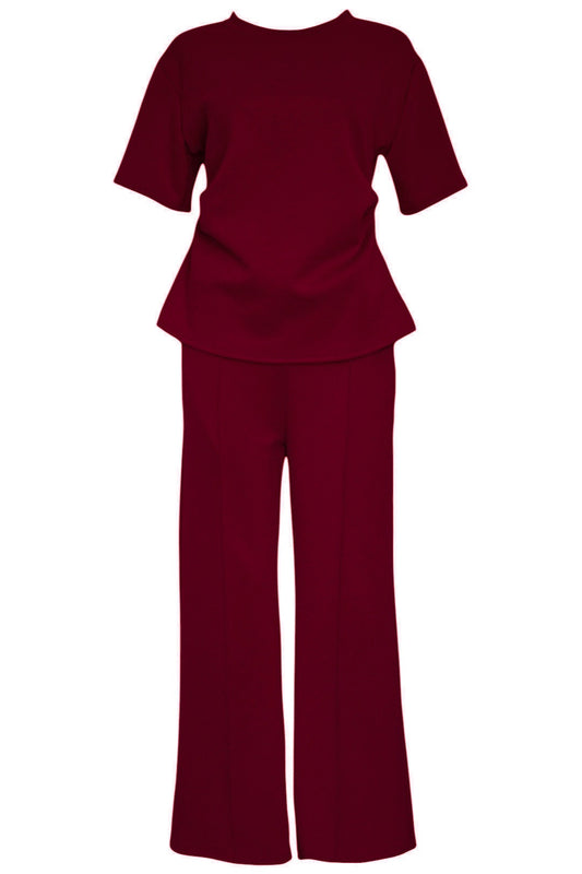 Burgundy Ruched Side T-Shirt & Wide Leg Loungesuit