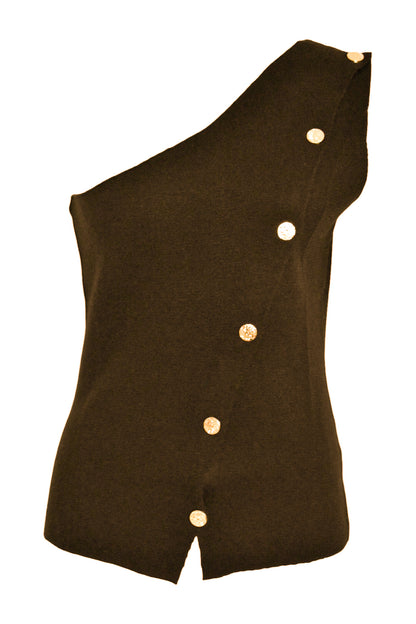 Brown Knitted Gold Button One Shoulder Top