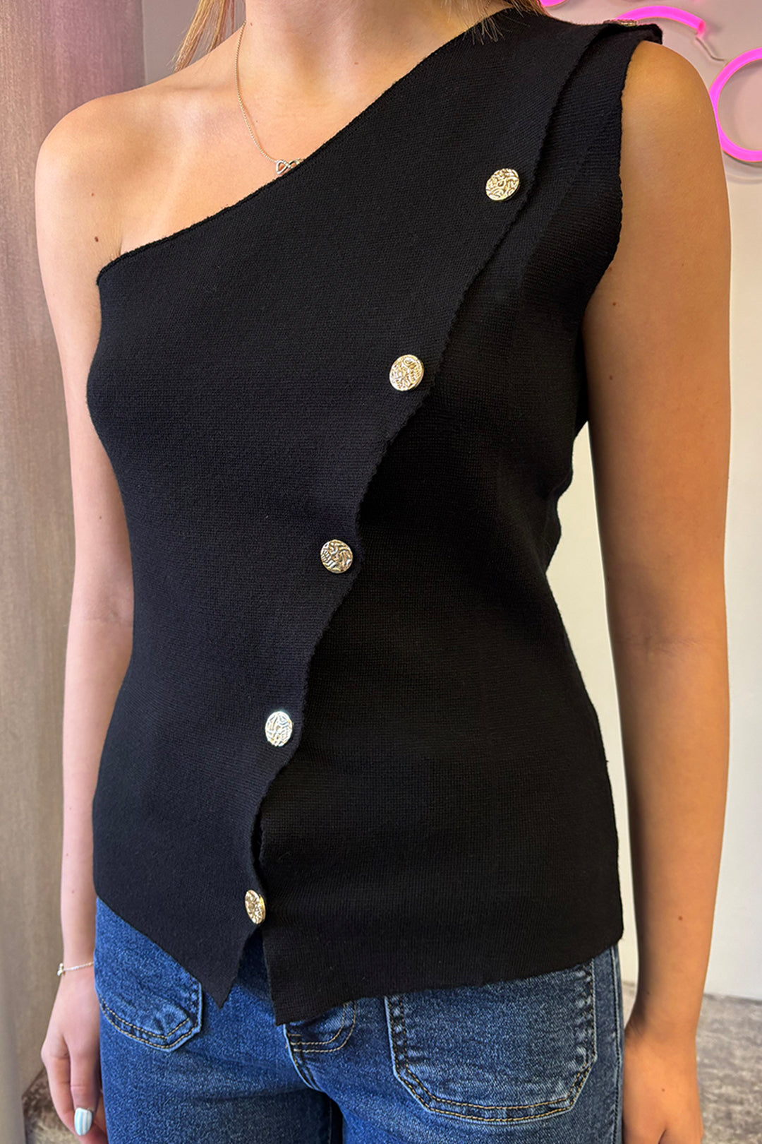 Black Knitted Gold Button One Shoulder Top