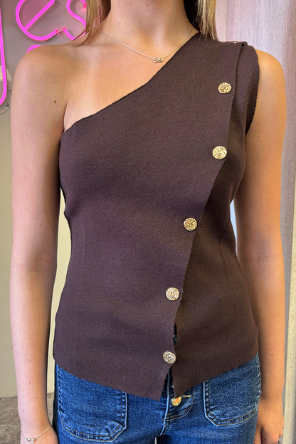 Brown Knitted Gold Button One Shoulder Top