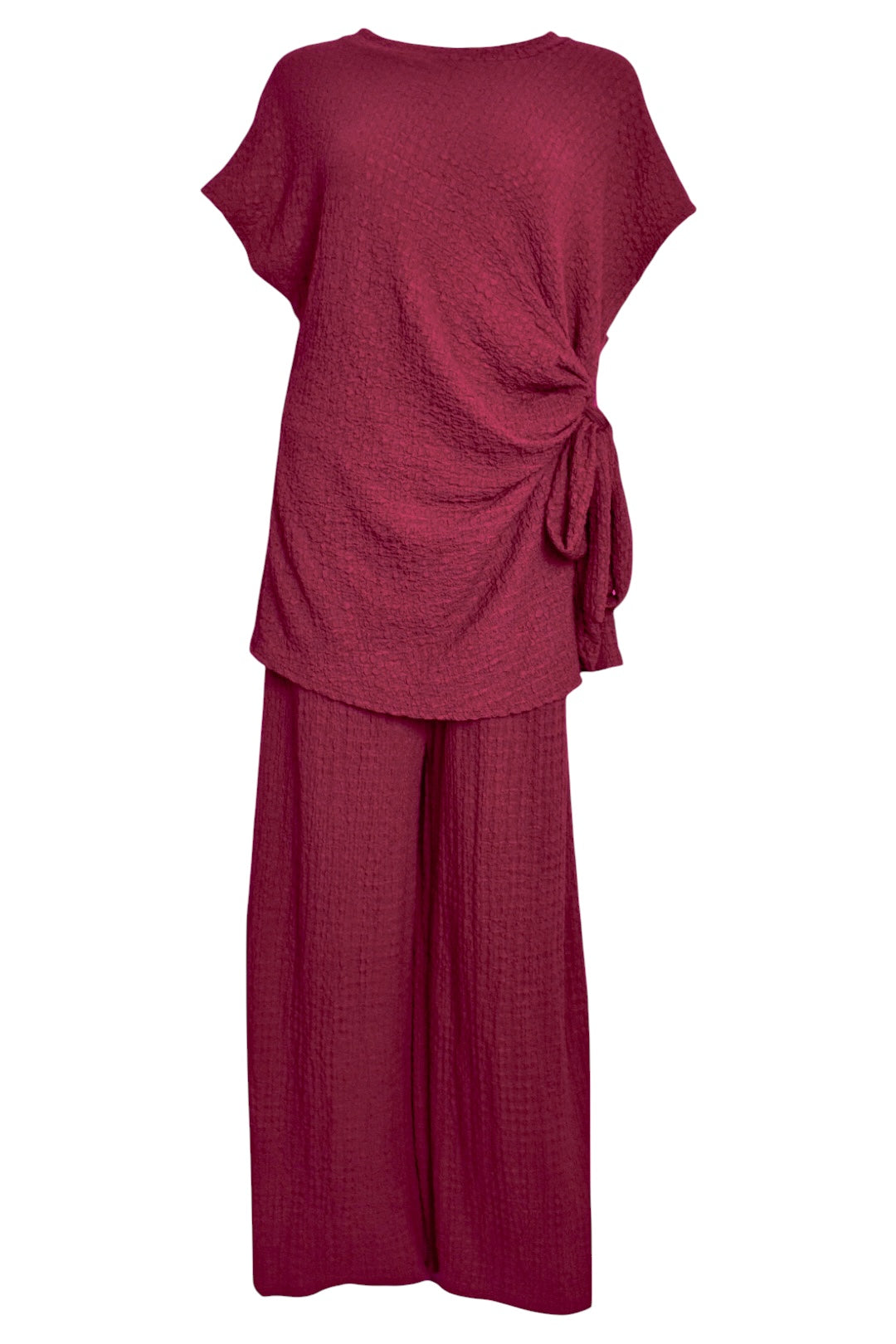 Wine Crinkle Side Tie Top & Wide Leg Trousers Set