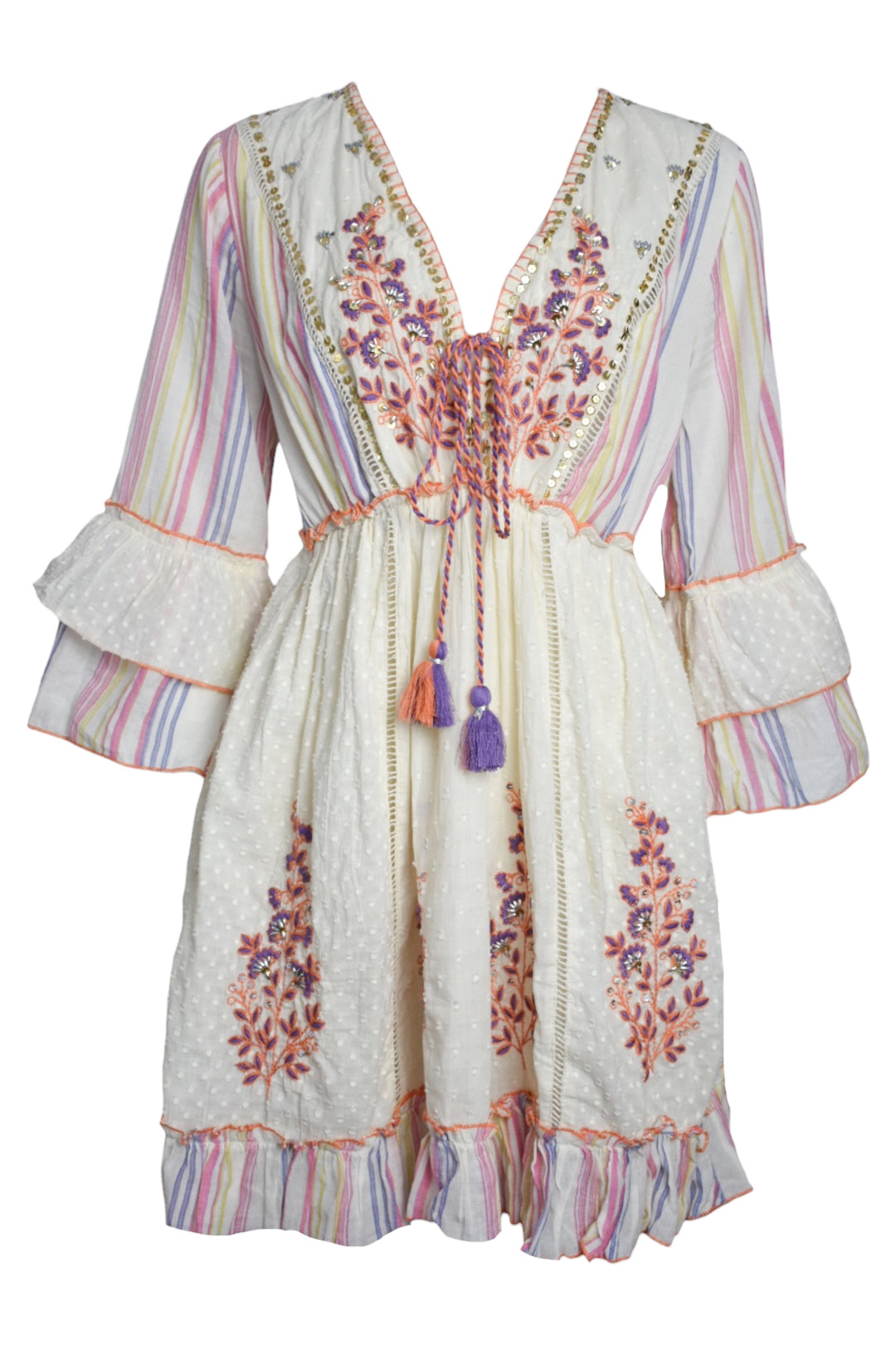 Cream Multi Embroidered Tassel Dress