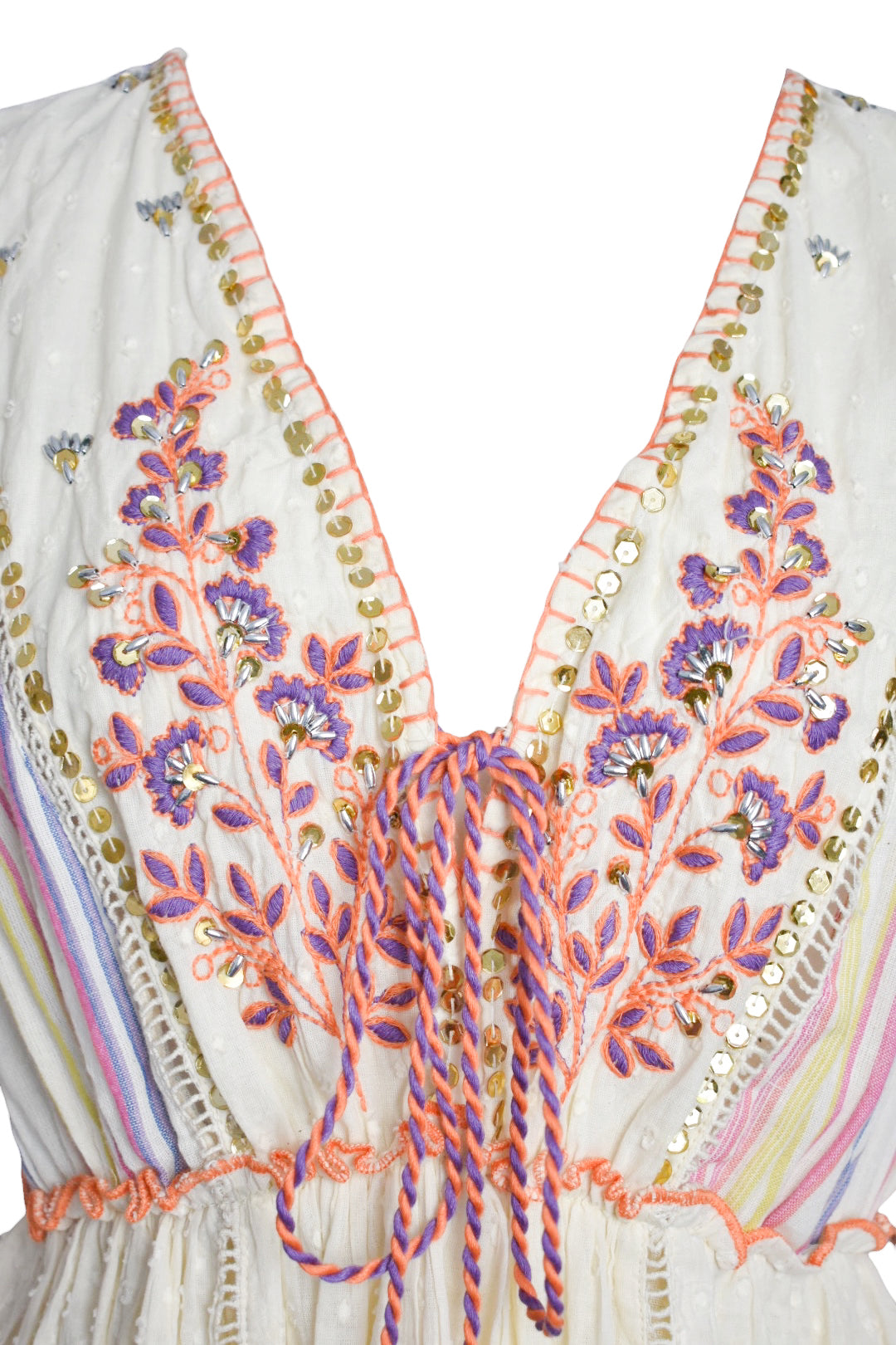 Cream Multi Embroidered Tassel Dress