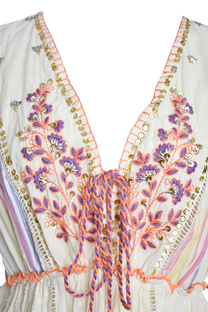 Cream Multi Embroidered Tassel Dress