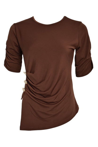 Brown Gold Button Ruched Side T-Shirt