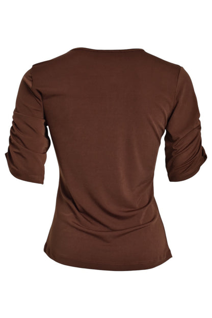 Brown Gold Button Ruched Side T-Shirt