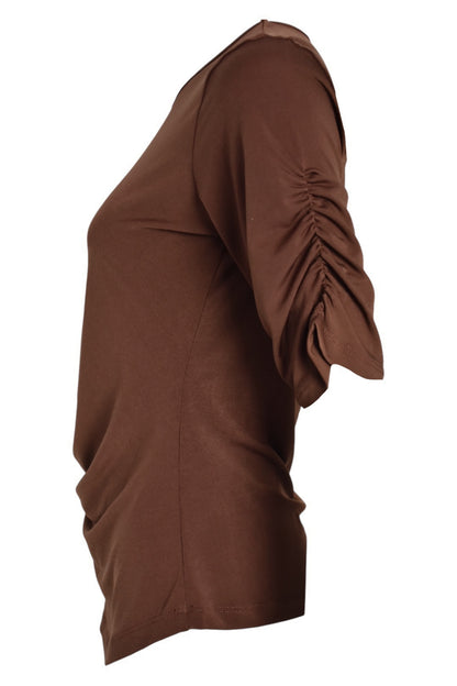 Brown Gold Button Ruched Side T-Shirt