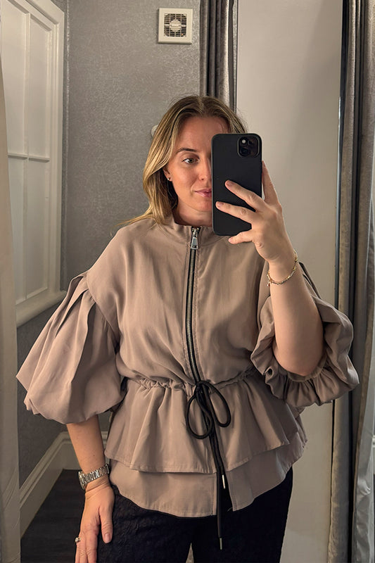 Taupe Dipped Hem Tie Waist Zip Up Top