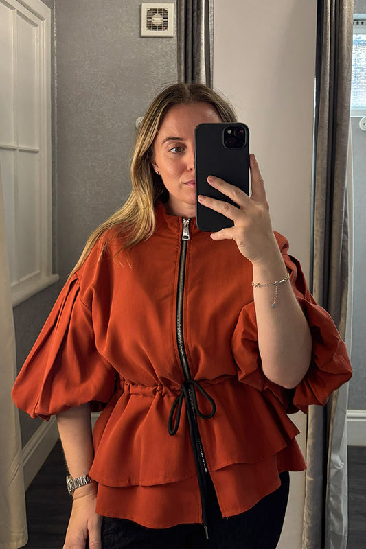 Rust Dipped Hem Tie Waist Zip Up Top