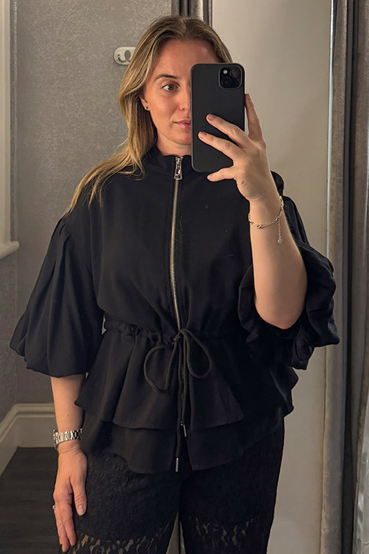 Black Dipped Hem Tie Waist Zip Up Top
